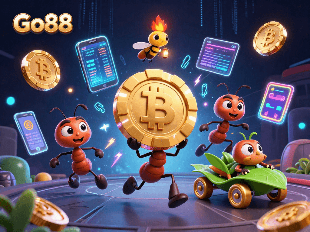 Go88 enhances the thrill of gaming with ants on a heist amid glowing crypto elements.